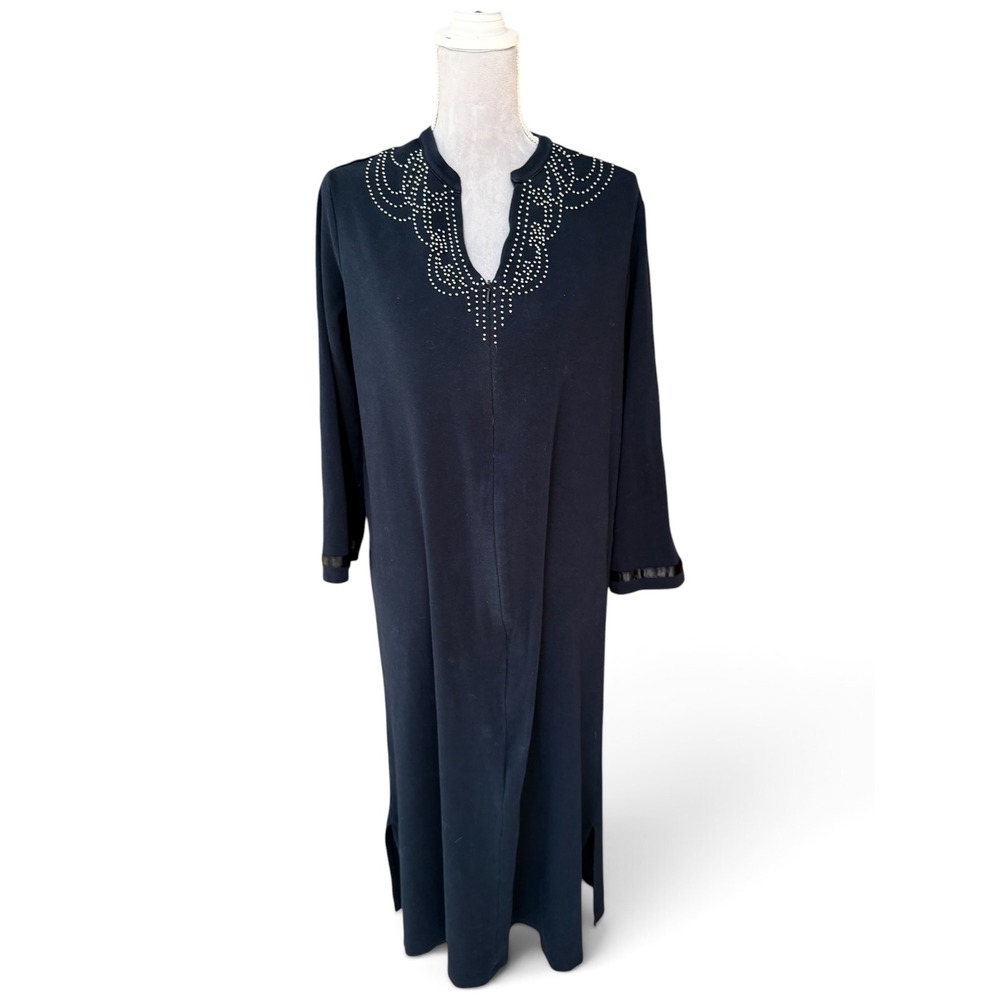 I. Magnin Vintage 90s Maxi Dress Navy Blue S Cotton Modal Zip Beaded Neckline